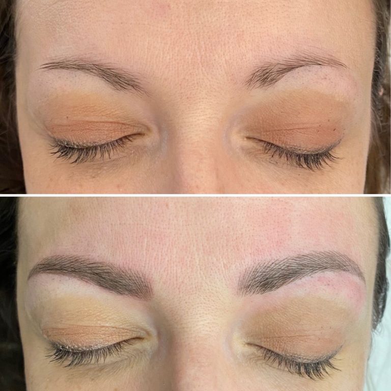 Close-up showing a person's eyebrows before (thin, sparse) and after (fuller, darker, defined) eyebrow microblading treatment with eyes closed.