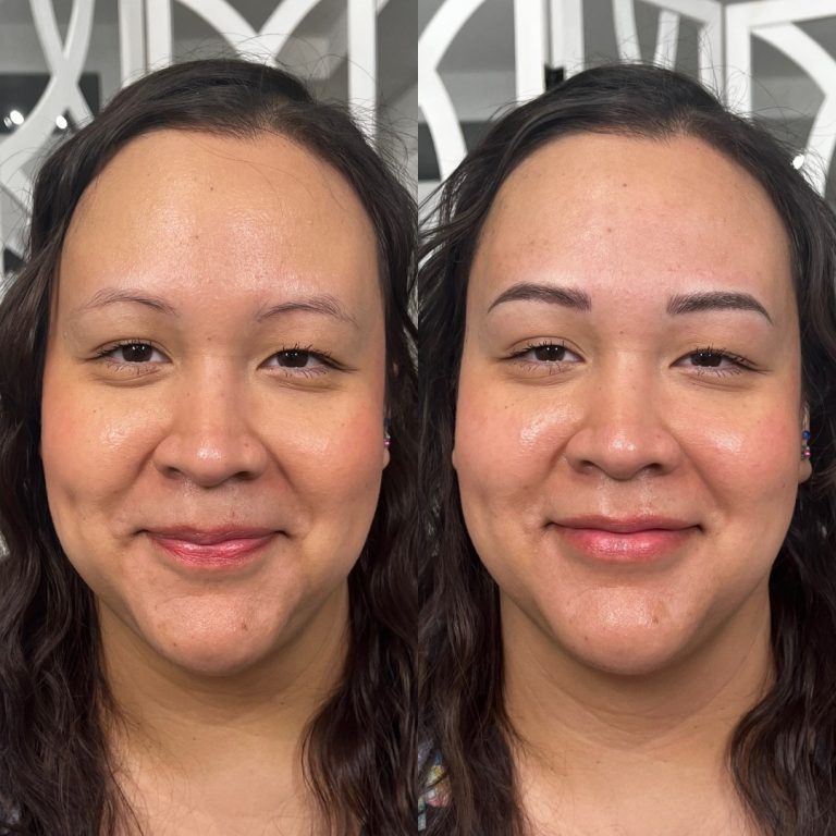 Side-by-side comparison of a woman's face before (left) and after (right) receiving eyebrow microblading, showing fuller and more defined eyebrows in the after image.