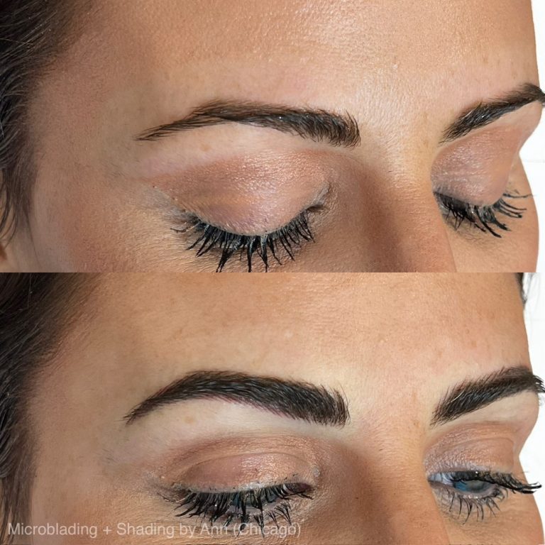Close-up of a woman's closed eyes before (top) and after (bottom) microblading and shading, showing fuller and more defined eyebrows in the after image.