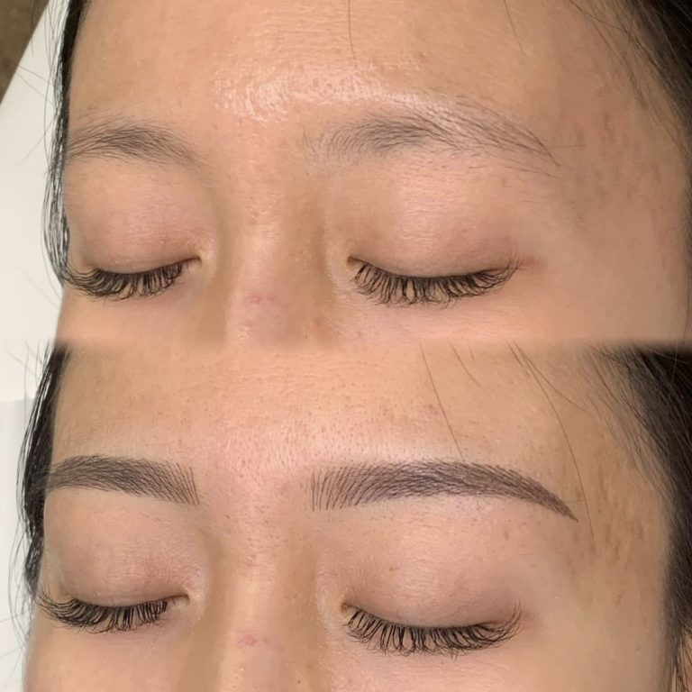 Before-and-after image showing a person's closed eyes; top has sparse eyebrows, bottom shows fuller, defined eyebrows after eyebrow enhancement.