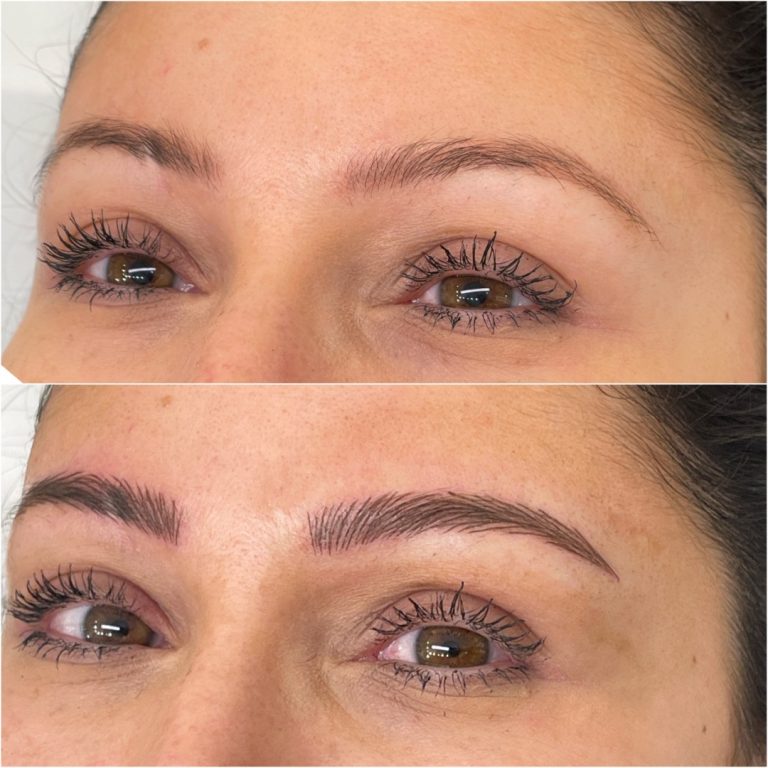 Top: Natural eyebrows with sparse areas. Bottom: Eyebrows appear fuller and more defined, likely after a cosmetic procedure such as microblading.