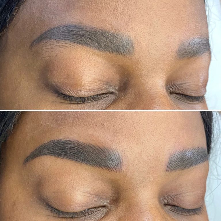 Close-up of a person's closed eyes showing two sets of eyebrows; the top image displays natural brows, and the bottom image shows the brows after enhancement or shaping.