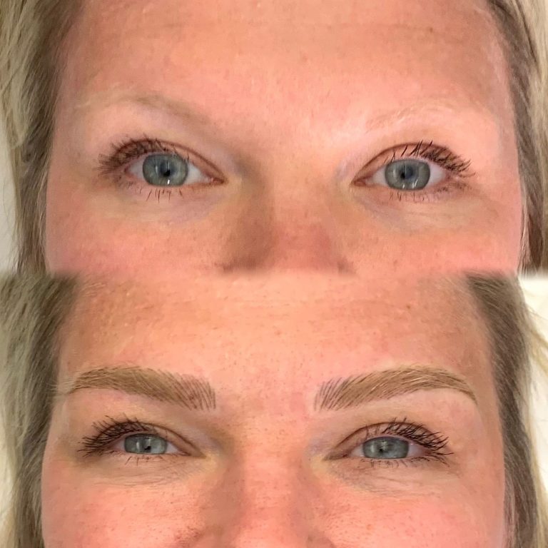 Close-up of a person's eyes; the top image shows very light or sparse eyebrows, while the bottom image shows defined, filled-in eyebrows.