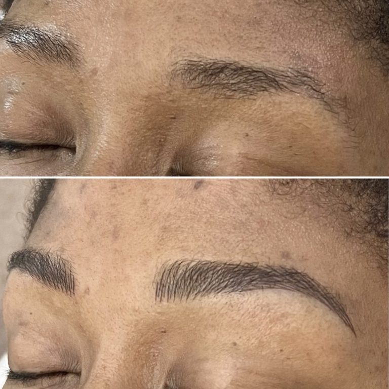 Close-up comparison of eyebrows before and after microblading, showing sparse natural brows in the top image and fuller, defined brows in the bottom image.