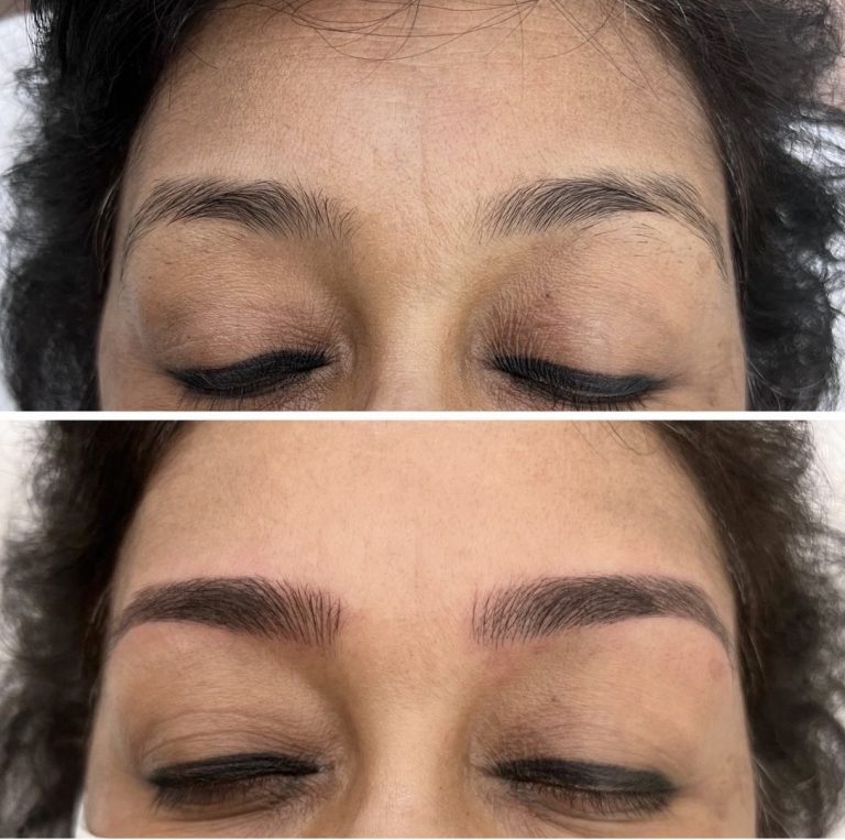 Top image shows sparse, natural eyebrows; bottom image shows fuller, defined eyebrows after a cosmetic treatment, likely microblading, on a person with closed eyes.
