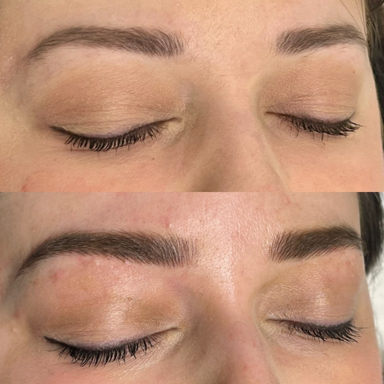Close-up of closed eyes before (top) and after (bottom) eyebrow shaping; the eyebrows appear fuller and more defined in the after image.