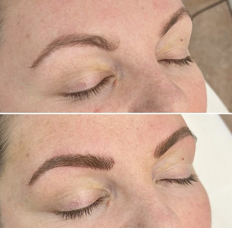 Close-up of a person's closed eyes showing eyebrows before (top) and after (bottom) a cosmetic enhancement treatment, with the brows appearing thicker and more defined in the after image.