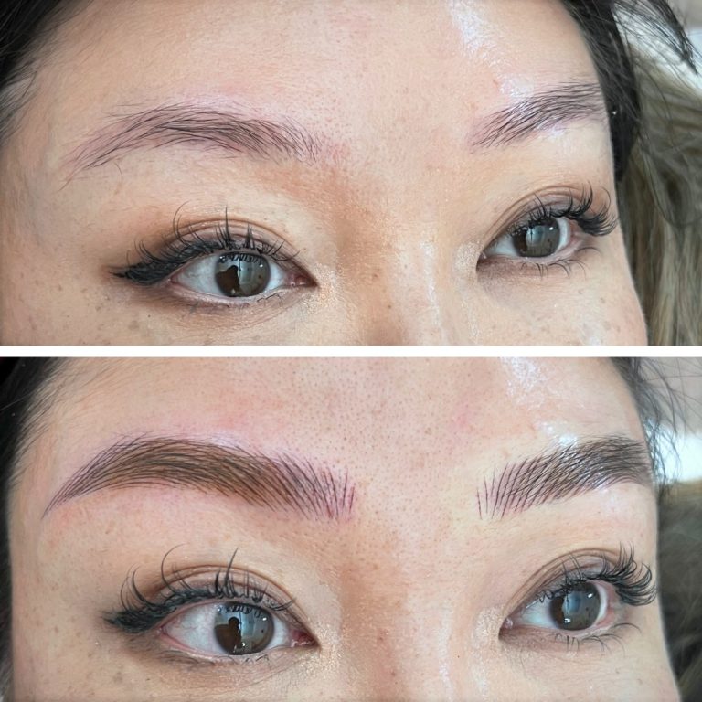 A before-and-after comparison showing a person’s eyebrows; the top image shows sparse eyebrows, while the bottom image shows fuller, well-defined eyebrows after enhancement.