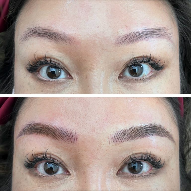 Close-up of a person's eyes showing a before and after of eyebrow microblading; the top image has sparse eyebrows, and the bottom image shows fuller, defined brows.
