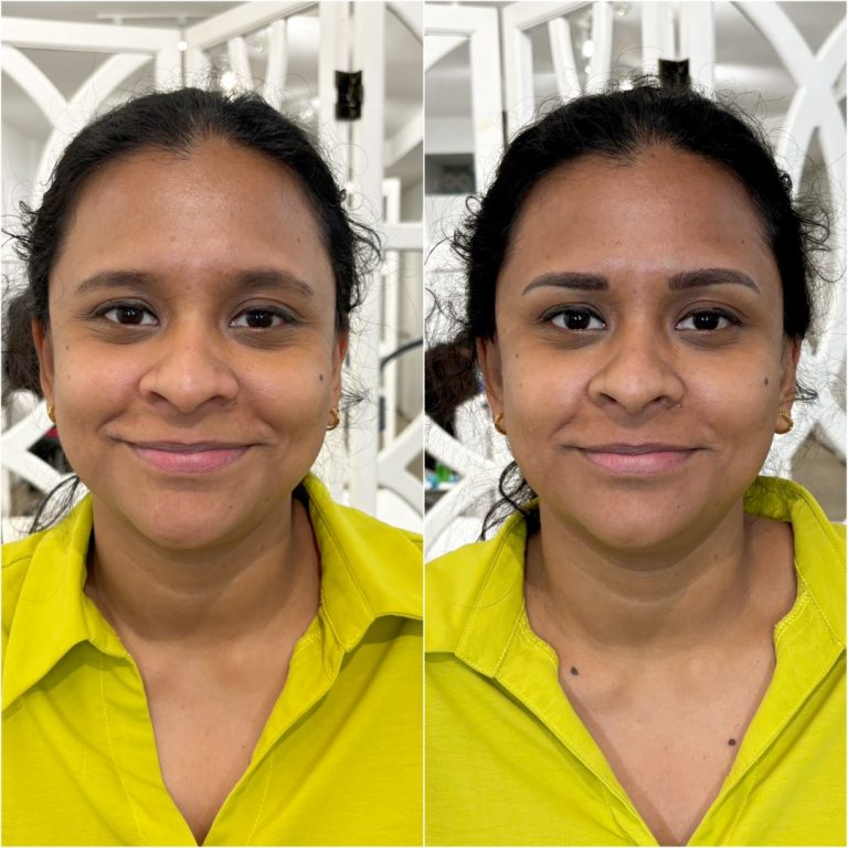 Side-by-side photos of a woman before and after makeup; the right image shows defined eyebrows and enhanced facial features, while the left image shows her with a natural look.