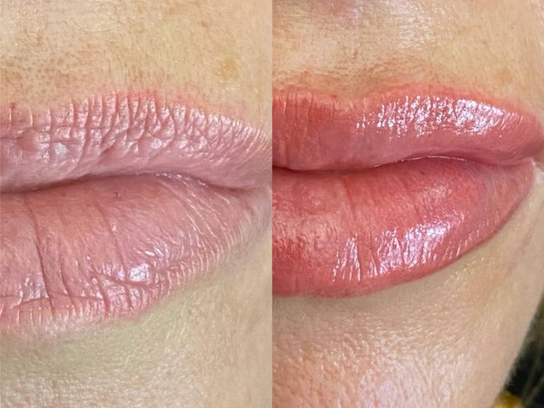 Side-by-side close-up of lips before and after applying a pinkish glossy lip product; left side is bare, right side is smoother and shinier.