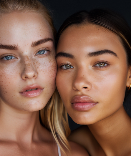 Two women with clear skin and minimal makeup pose closely together against a dark background, highlighting their natural facial features—an elegant showcase of the results from luxury beauty treatments at Evertrue Salon.