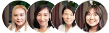 Four women are pictured in individual circular frames, all smiling and wearing white tops, with a blurred background—perfectly showcasing their flawless microblading and nanobrows results.