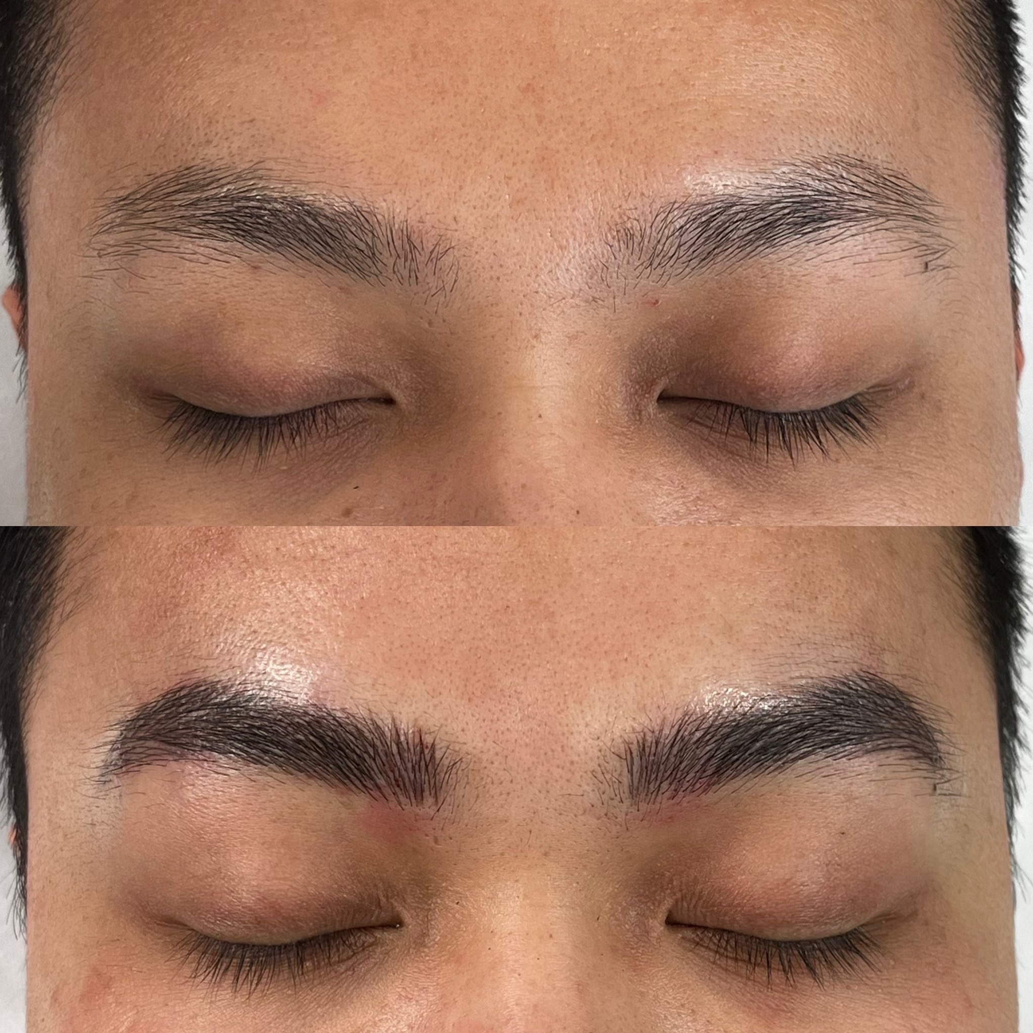 Close-up of a person's closed eyes showing eyebrows before (top) and after (bottom) grooming or enhancement, with the after image displaying fuller, more defined brows from microblading or nanobrows treatments.