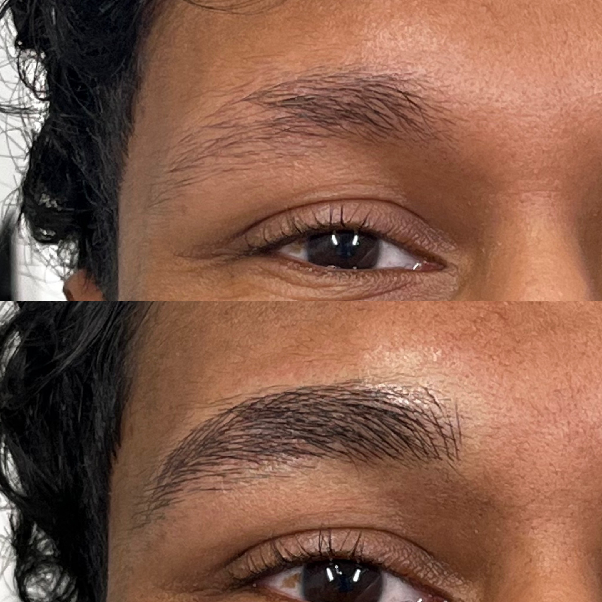 Close-up of a person's eye area showing a comparison: the upper image has a sparse eyebrow, while the lower highlights fuller, well-groomed results after microblading and nanobrows treatments.