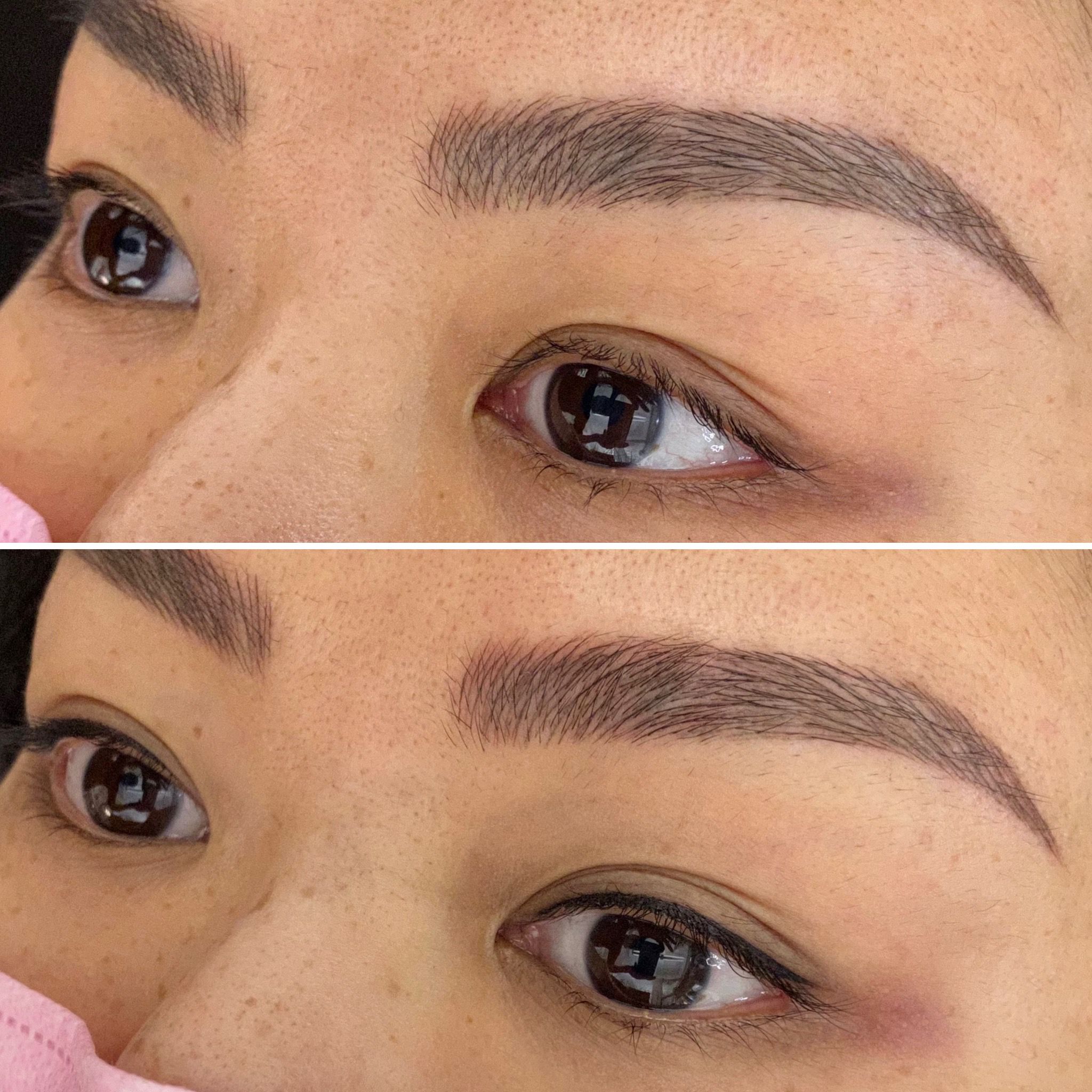 Close-up of a person's eyes and eyebrows in two images; the top shows natural brows, the bottom shows enhanced brows after microblading or nanobrows treatment.