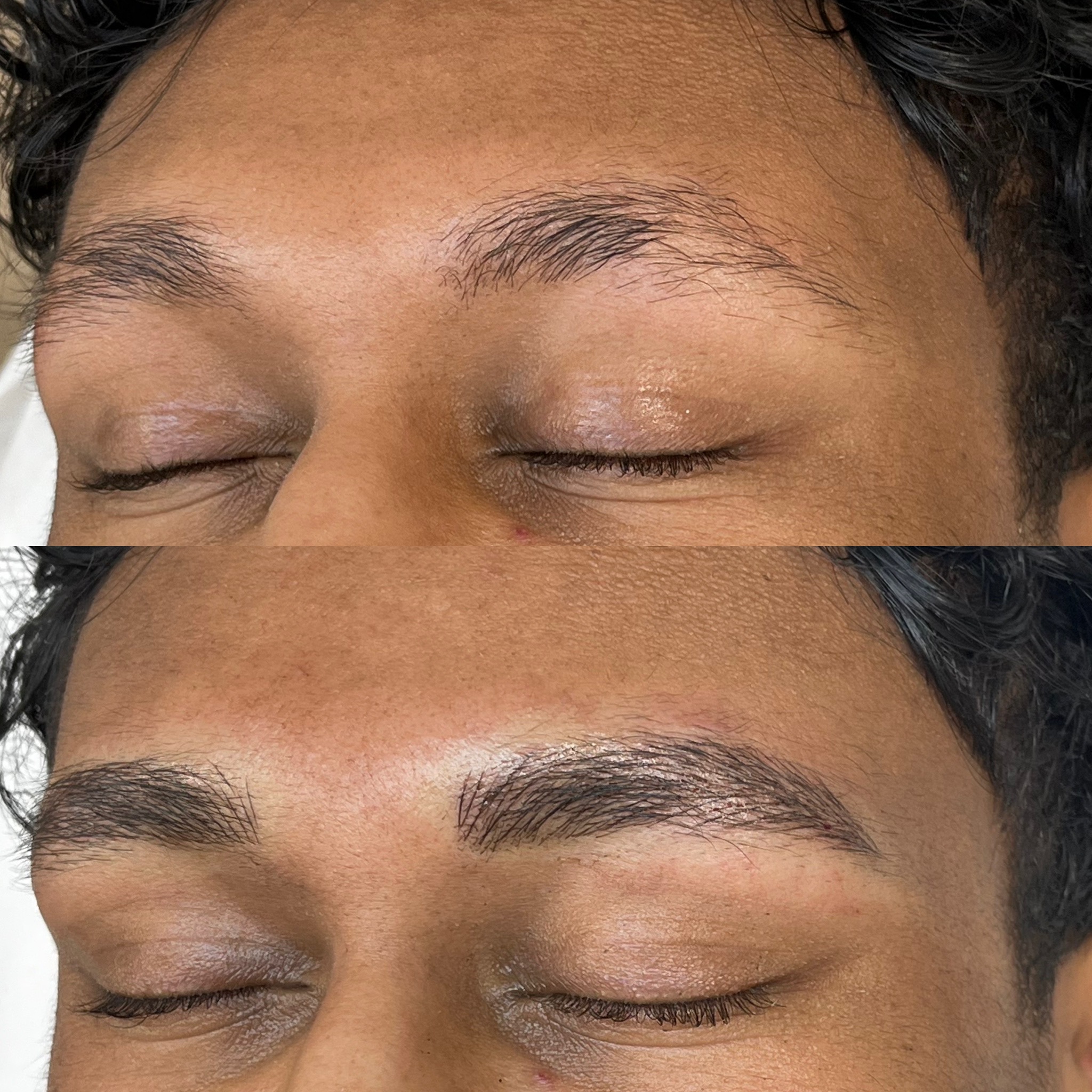 Close-up of a person's closed eyes, with sparse eyebrows in the top image and fuller, shaped brows in the bottom image, highlighting the results of an eyebrow enhancement procedure such as Microblading or Nanobrows.