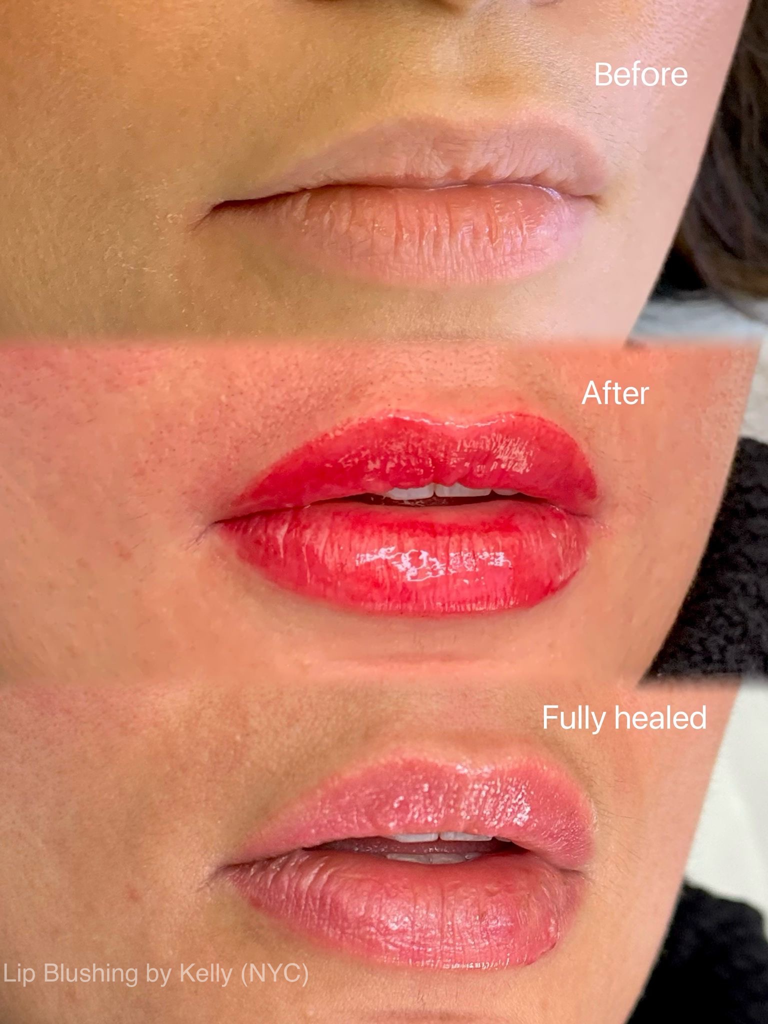 Three close-up photos of lips showing the stages of a lip blushing procedure: natural lips before, lips immediately after treatment, and lips fully healed.