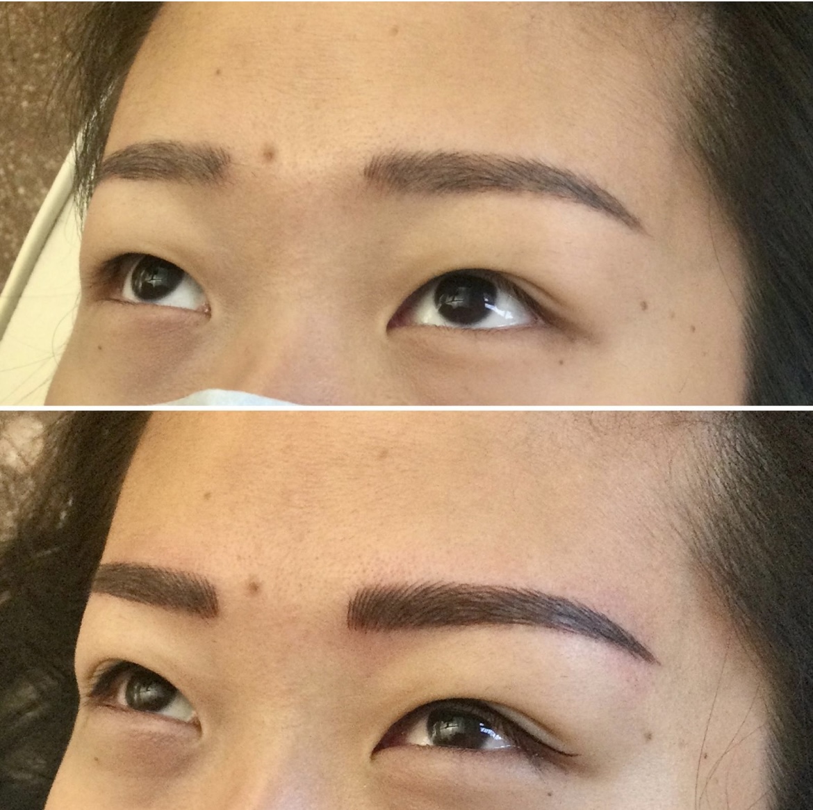 Top: Sparse, natural eyebrows. Bottom: Fuller, defined eyebrows after cosmetic enhancement, likely microblading or nanobrows. Both images show a close-up of a person’s eyes and brows.