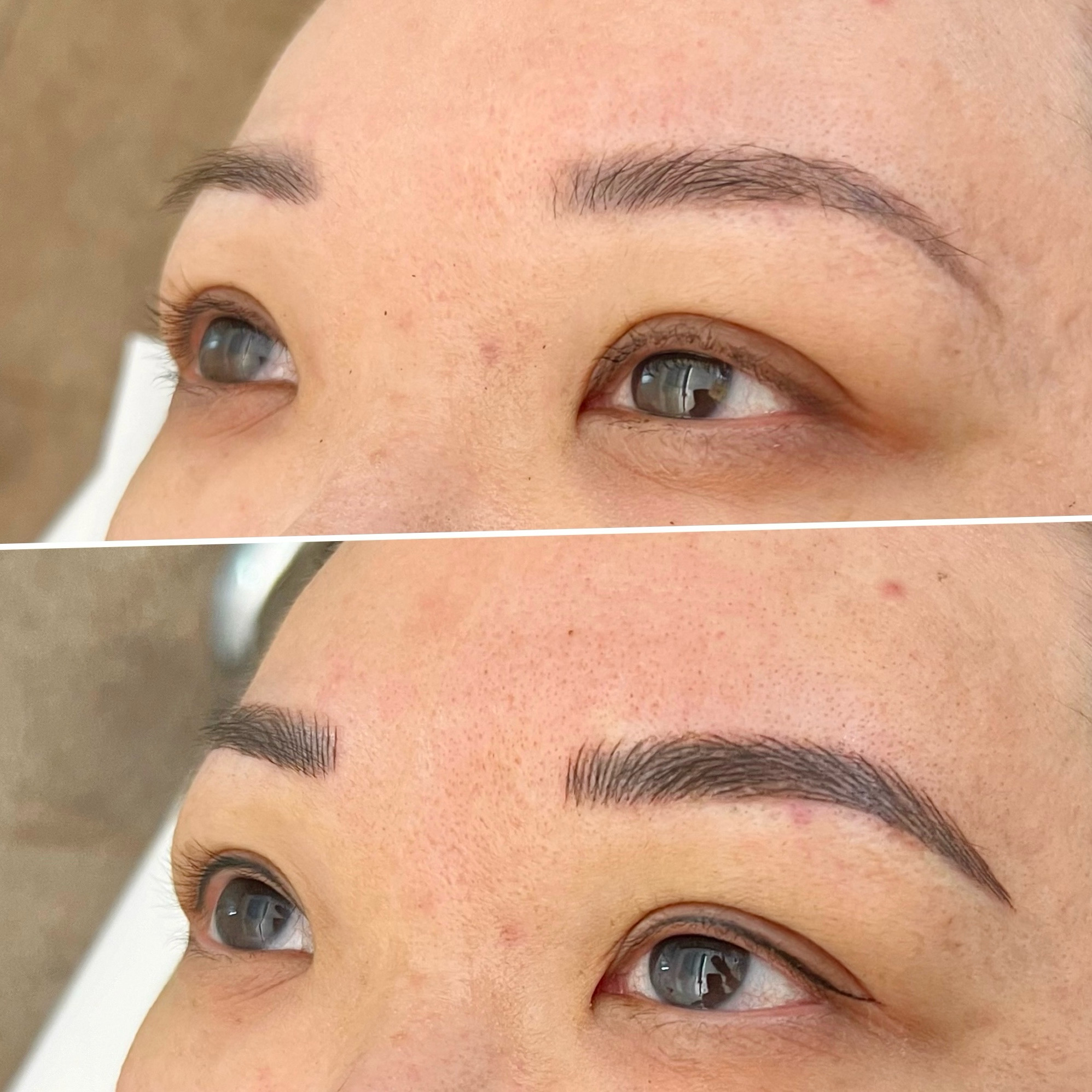 Close-up before and after photos showing eyebrows; the top image displays natural brows, while the bottom highlights fuller, defined brows achieved through Microblading and Nanobrows cosmetic enhancement.