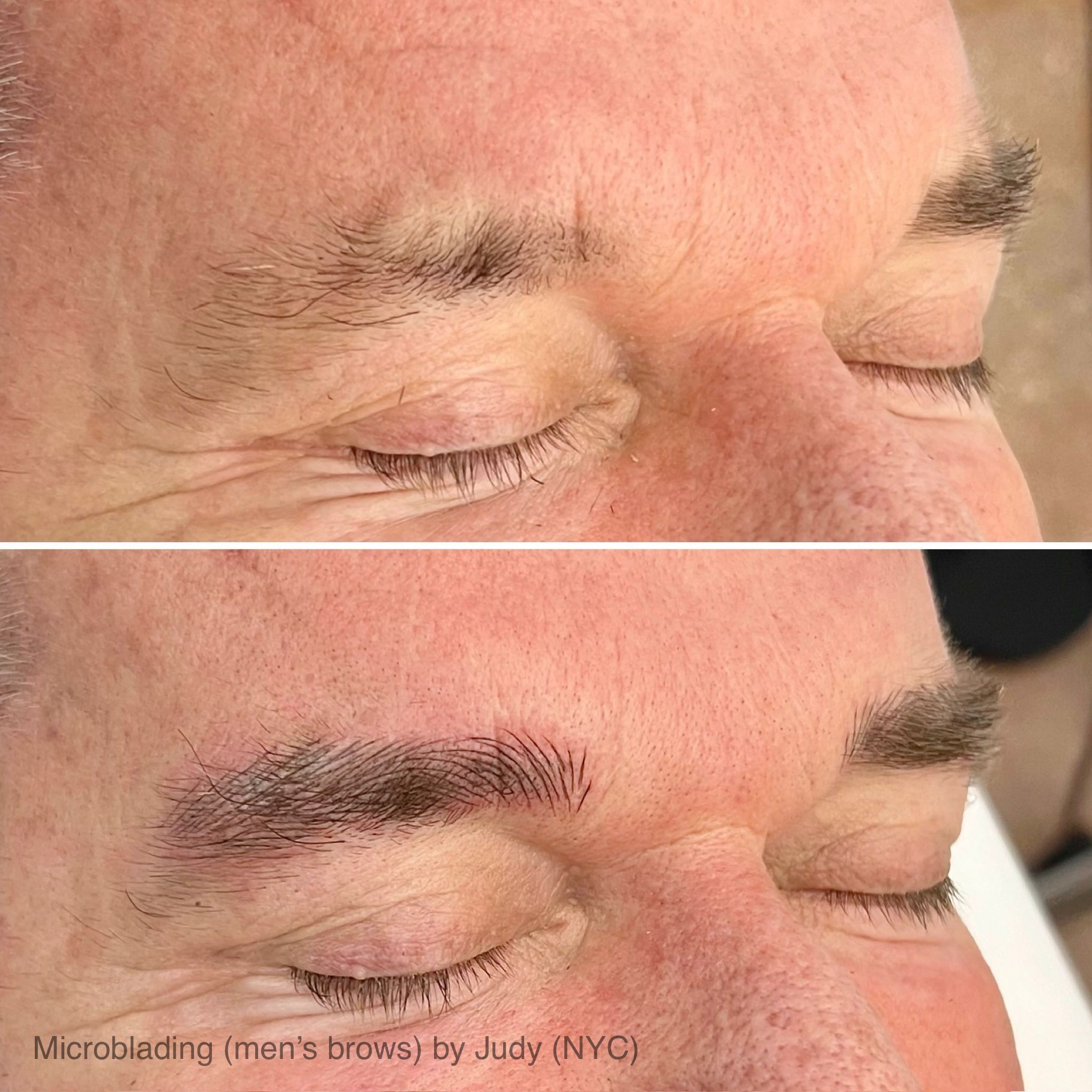Two close-up photos of a man's closed eyes, showing sparse eyebrows before and fuller, groomed brows after microblading and nanobrows treatments.