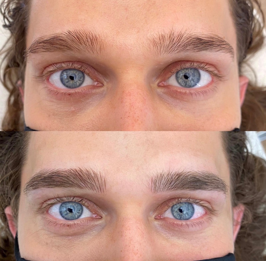 Close-up comparison shows blue eyes and eyebrows before (top, sparse) and after (bottom, groomed and fuller) a Microblading or Nanobrows treatment.