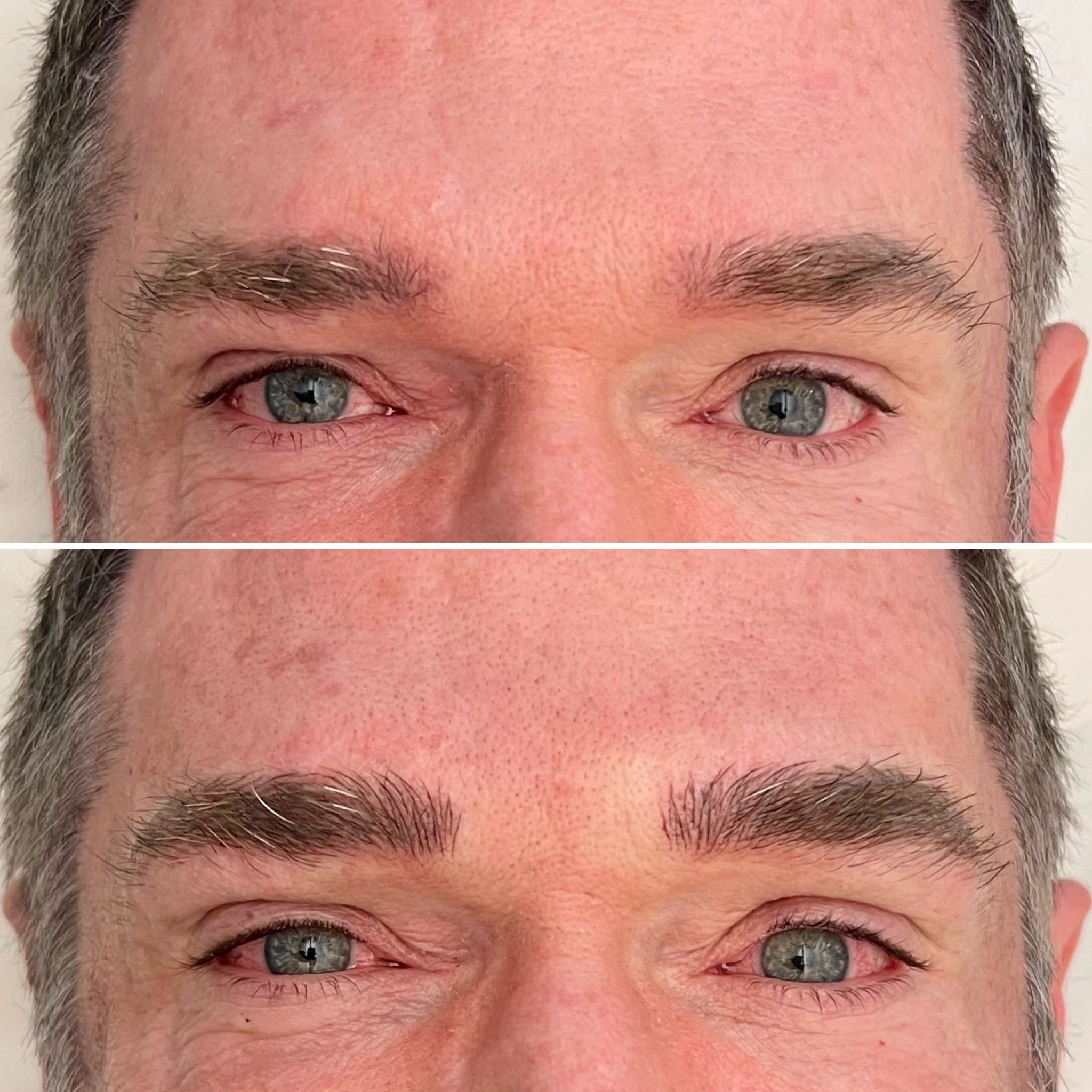 Close-up of a man's eyes and eyebrows in two images: the top shows sparse brows, while the bottom reveals fuller, darker eyebrows after Microblading and Nanobrows treatments.