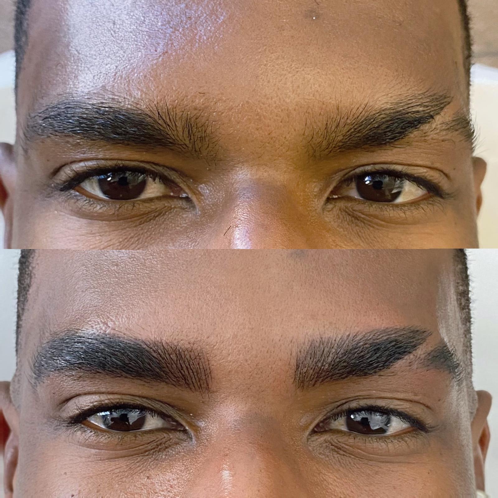 Close-up of a person's eyes and eyebrows, showing a before (top) and after (bottom) comparison of eyebrow grooming or shaping with microblading and nanobrows techniques.