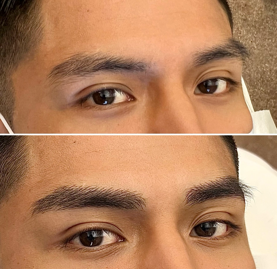 Close-up of a person's eyes and eyebrows, showing a before and after comparison of microblading or Nanobrows, with the after image revealing fuller, more defined eyebrows.