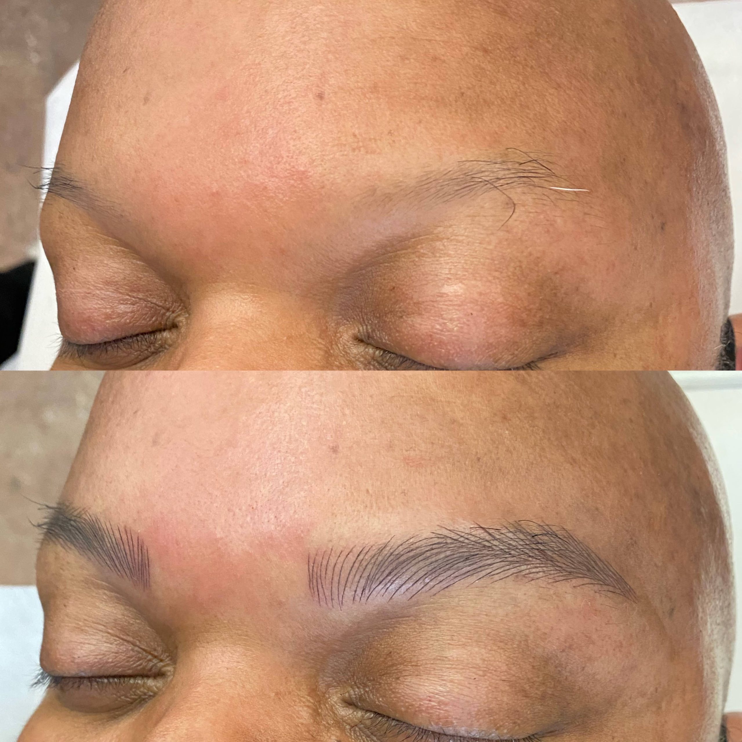 Close-up showing a person's eyebrows before and after microblading and nanobrows; the top image displays sparse brows, while the bottom reveals fuller, beautifully shaped results.