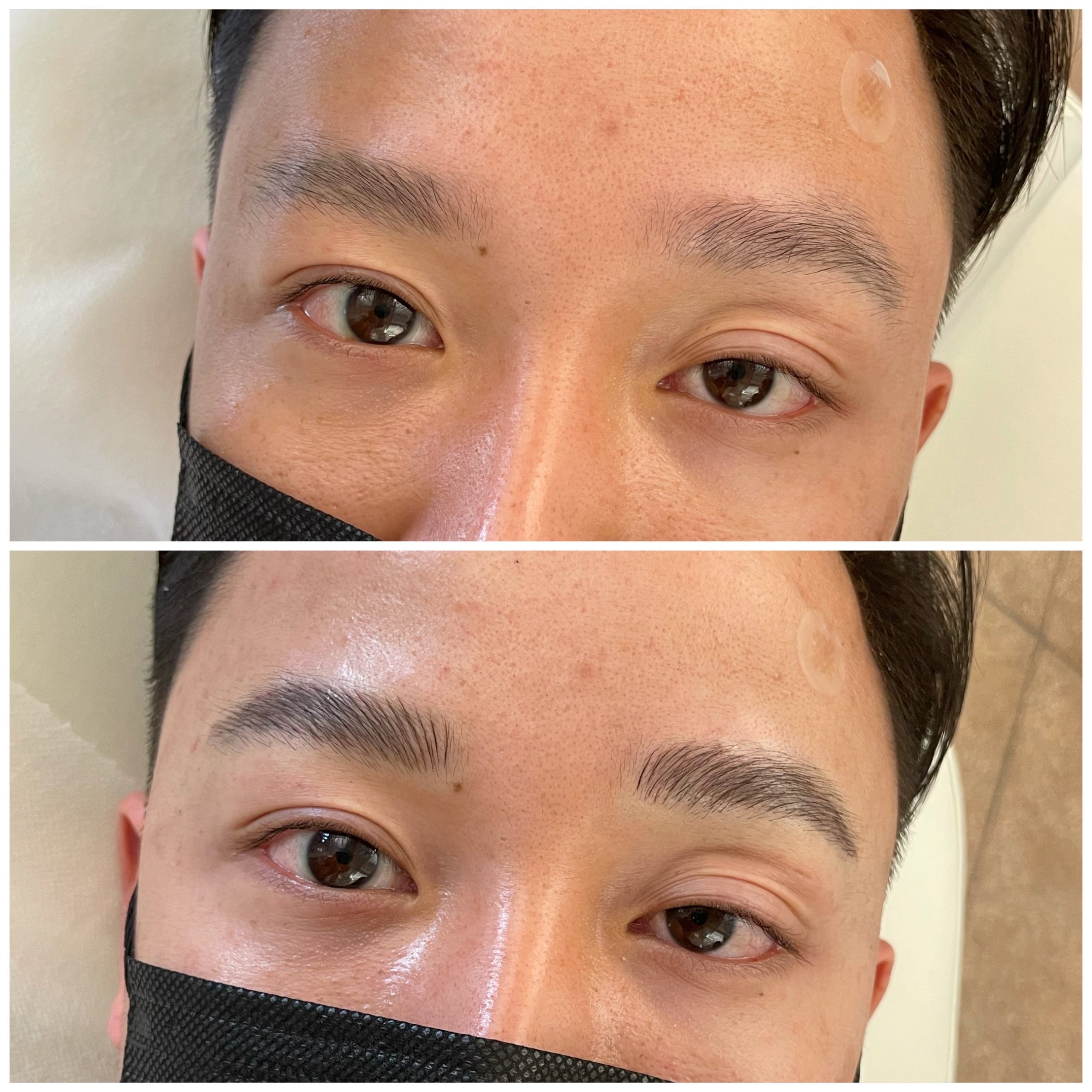 Close-up of a person's eyes before (top) and after (bottom) an eyebrow grooming, microblading, or nanobrows procedure, revealing fuller, more defined eyebrows in the after image.