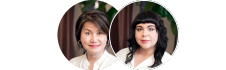 Two women with dark hair, wearing white tops, are featured in separate circular portrait frames against a light background, showcasing elegant results of microblading and nanobrows.