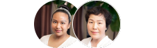 Two women wearing white tops are pictured side by side in separate circular frames, with a blurred background featuring green plants—showcasing their flawless microblading and nanobrows.