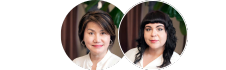 Two women with dark hair, both wearing white tops, pose in individual circular frames with a blurred green background—perfectly showcasing their microblading and nanobrows.