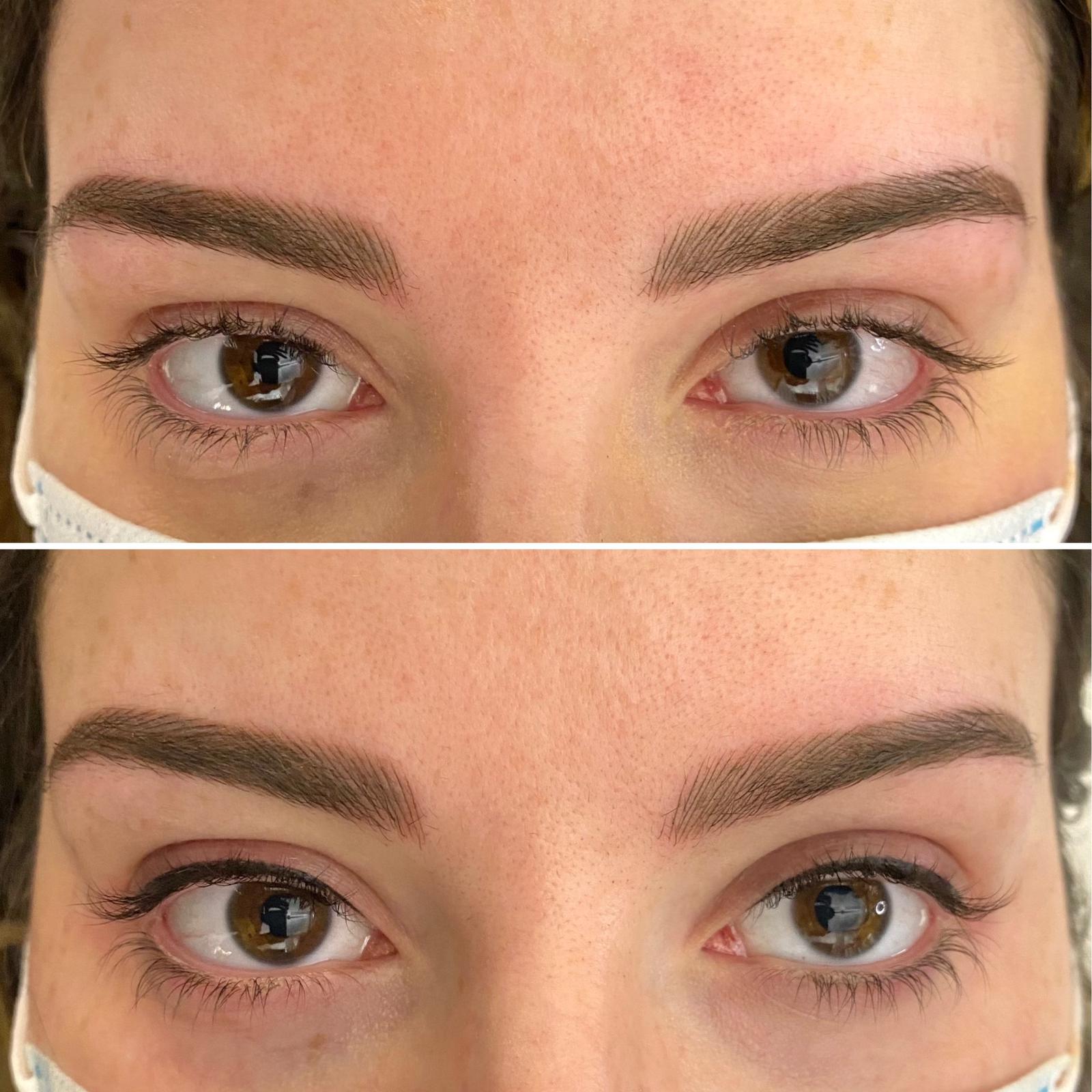 Close-up of a person's eyes and eyebrows, shown before (top) and after (bottom) microblading and grooming, with both images partially showing a face mask.