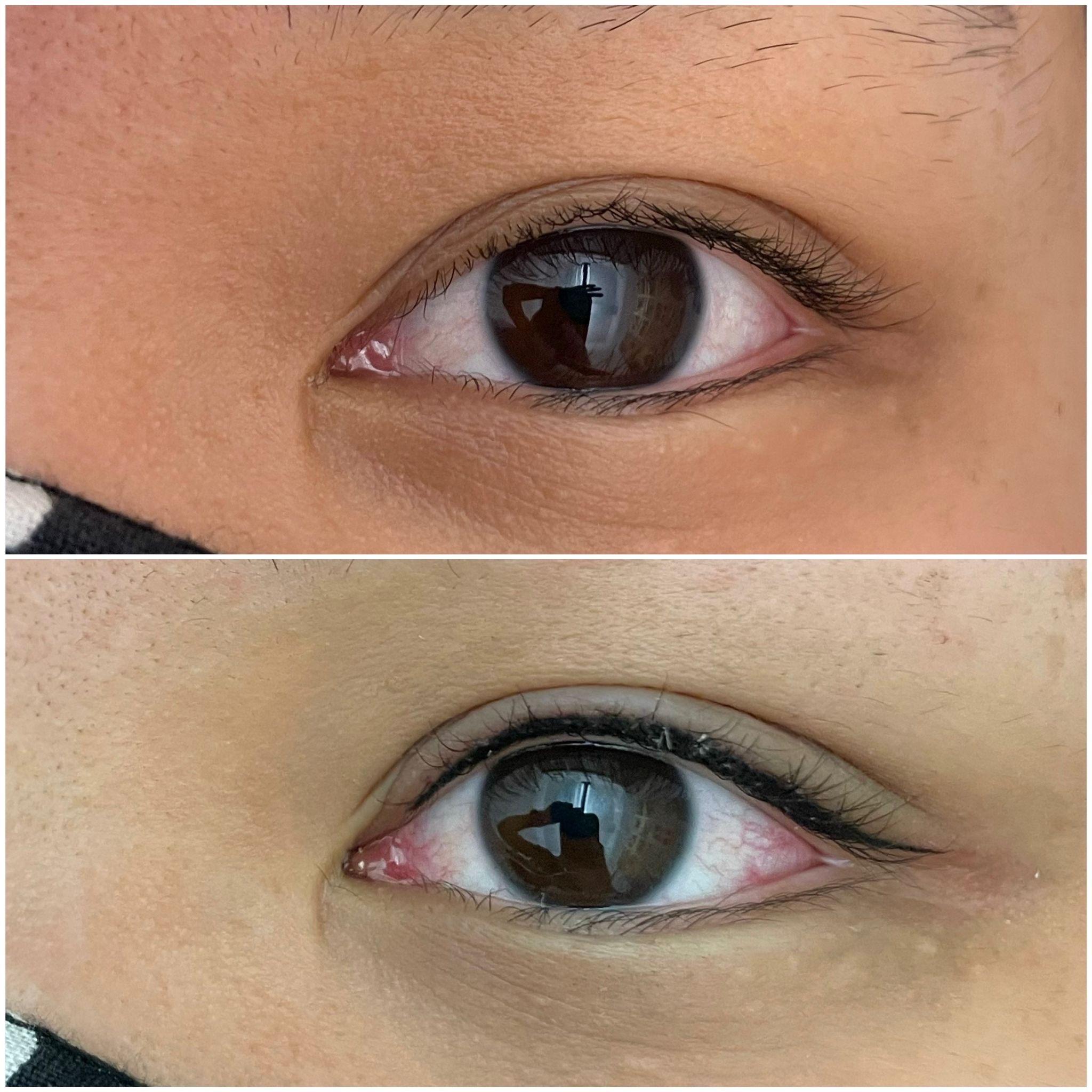 Close-up comparison of two human eyes with similar brown irises, highlighting subtle differences in eyeliner application, skin texture, and the effects of microblading and nanobrows on brow definition.