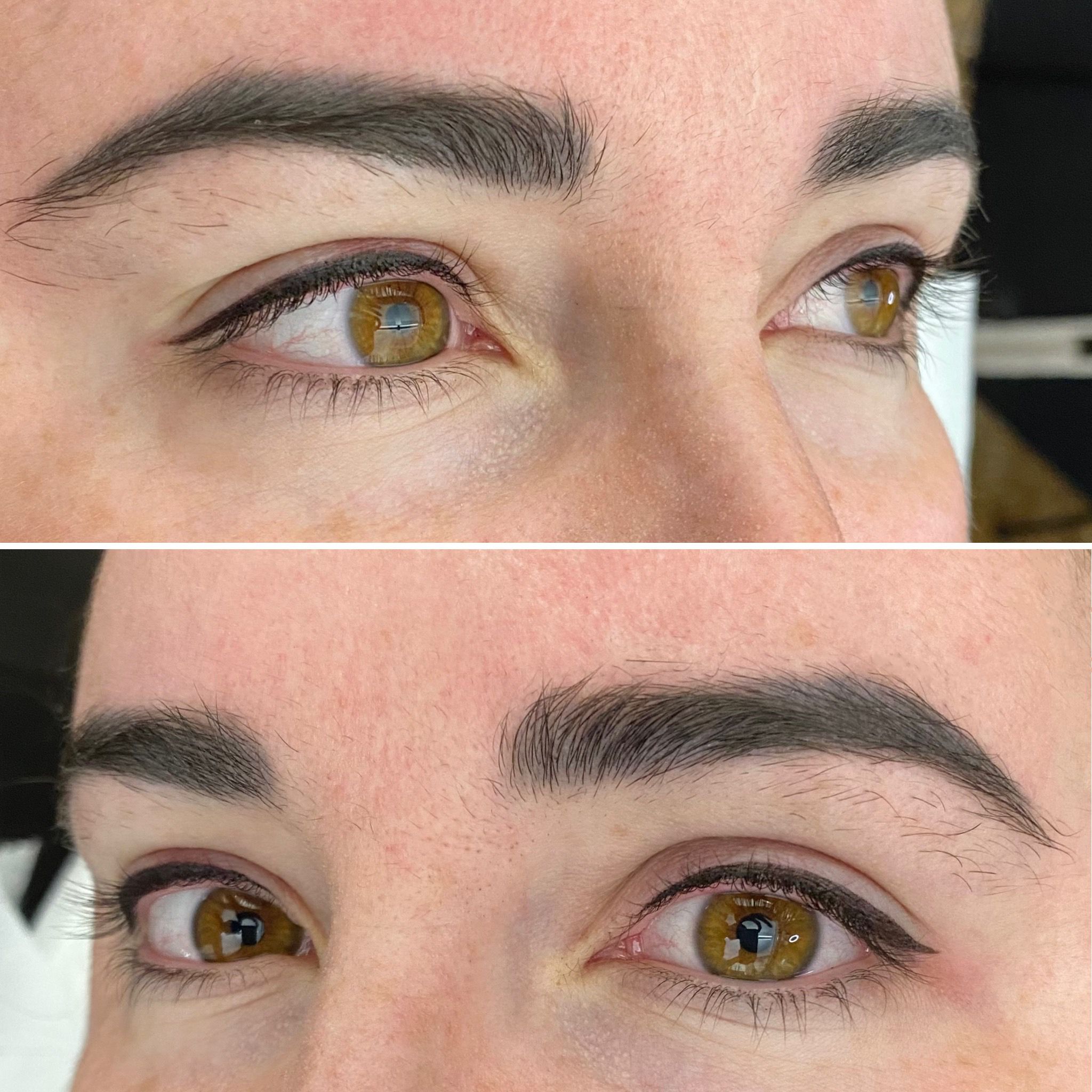 Split image showing a close-up of a person’s eyes and eyebrows before (top) and after (bottom) eyebrow grooming, shaping, or tinting—highlighting the transformative results of microblading or nanobrows.