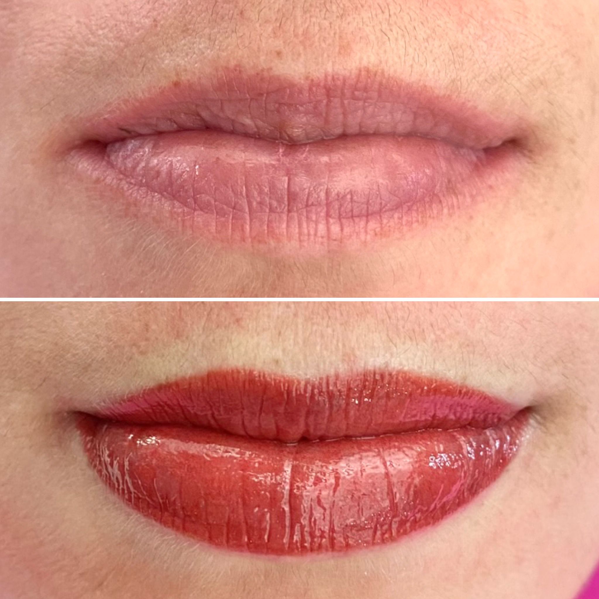 Close-up of lips showing a before image with natural, uncolored lips, and an after image with glossy, red lipstick applied.