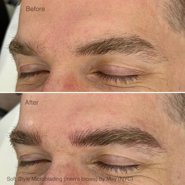 Close-up of a man's eyebrows with eyes closed, showing a "before" image with sparse brows and an "after" image featuring fuller, more defined brows after microblading and nanobrows treatments.