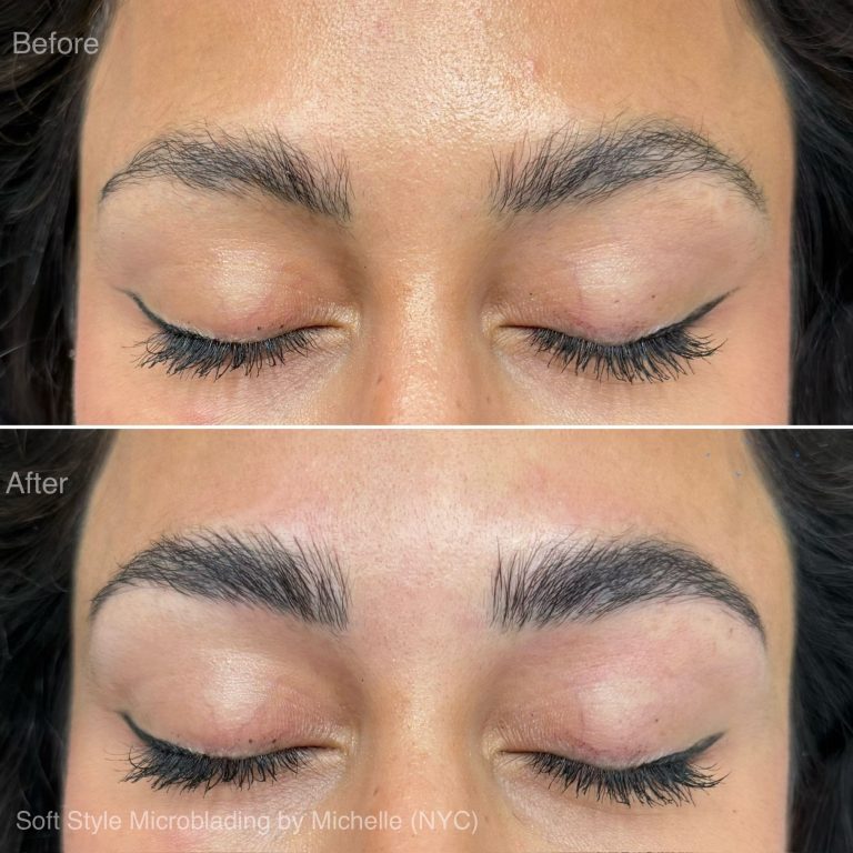 Close-up of a person's closed eyes showing eyebrows before and after Microblading and Nanobrows; the "after" image displays fuller, more defined brows.