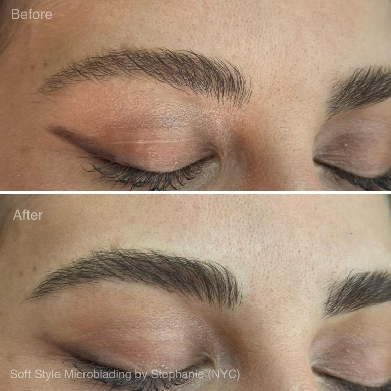 Close-up of a person's eyebrow and eyelid before and after microblading or nanobrows; the "before" image shows a thinner brow, while the "after" reveals fuller, more defined brows.