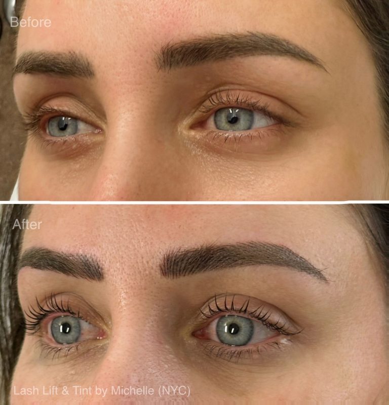 Close-up of a woman's eyes before and after a Lash Lift and tint. The "after" image features more defined, lifted lashes and darker, fuller brows compared to the "before," highlighting the effects of the Lash Lift treatment.
