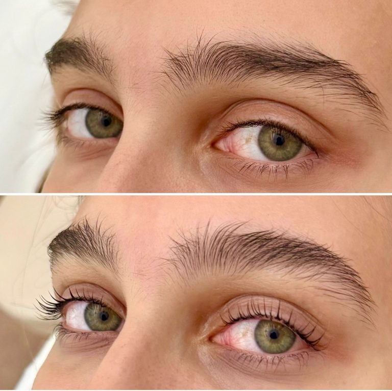 Close-up comparison of a person's eyes and eyebrows before (top) and after (bottom) a Lash Lift, highlighting curled eyelashes and slightly groomed brows in the after image.