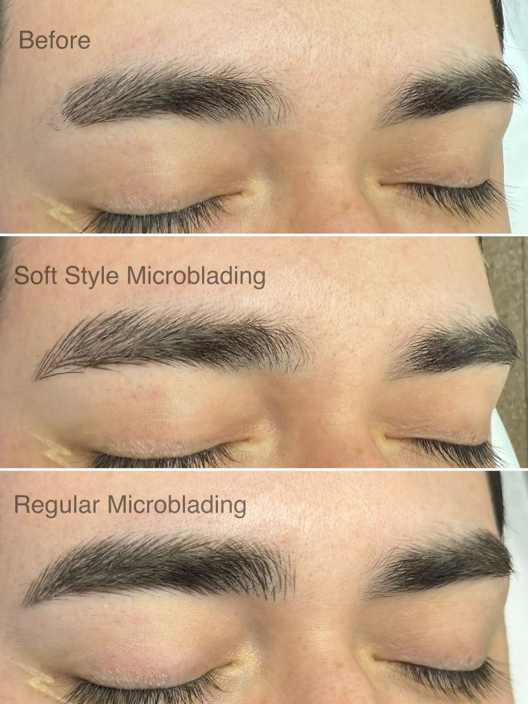 Close-up comparison of eyebrows before, after soft style microblading and regular microblading, highlighting differences in fullness and definition achieved by both Microblading and Nanobrows techniques.