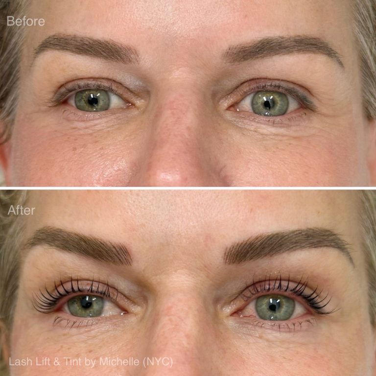 Close-up of a person's eyes showing a "before" image with natural lashes and an "after" image highlighting the stunning results of a Lash Lift—lifted, curled, and tinted eyelashes.