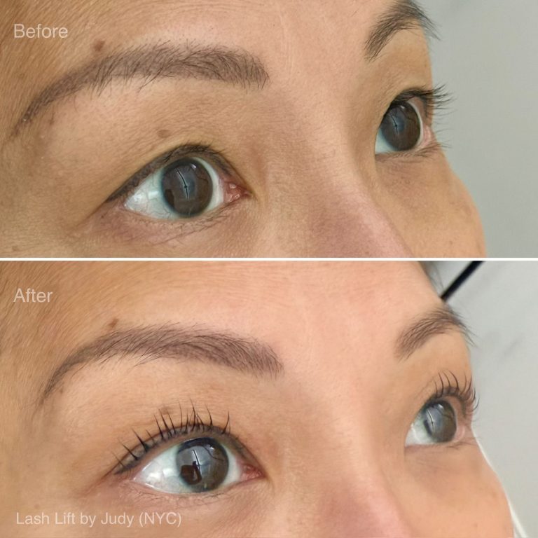 Close-up of a person's eyes shown before and after a Lash Lift treatment; lashes appear straighter in the "before" and more beautifully curled and lifted in the "after.