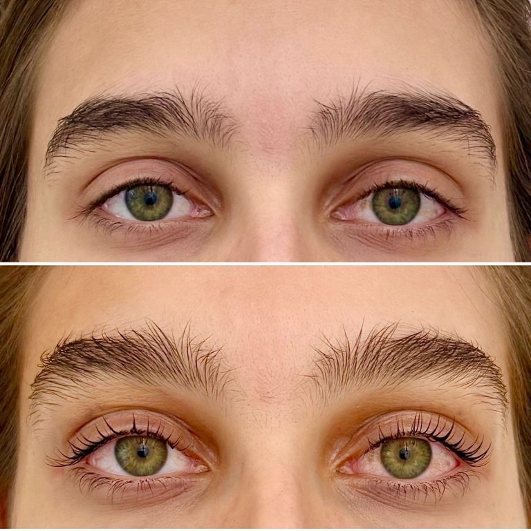 Close-up of a person's eyes, showing eyebrows before (top) and after (bottom) grooming and eyelashes before and after a Lash Lift.
