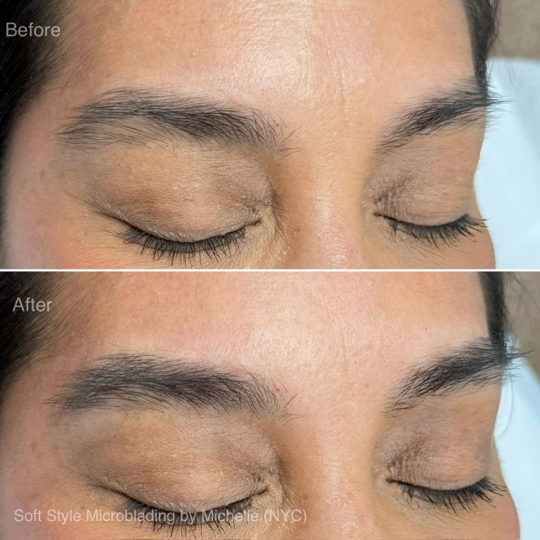Close-up of a person's closed eyes showing eyebrows before and after microblading and nanobrows; the after image reveals fuller, more defined brows.