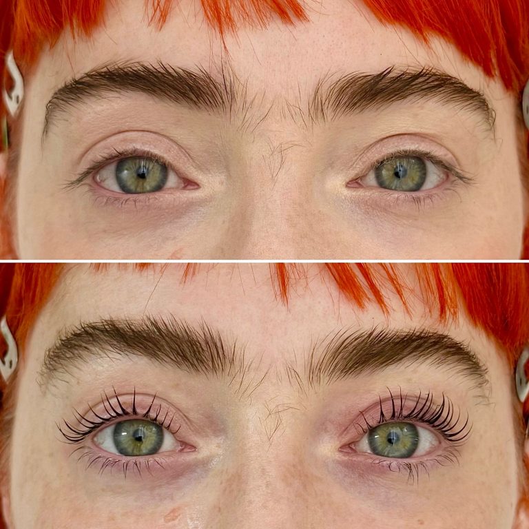Close-up comparison of eyes before and after a Lash Lift, showing natural lashes in the top image and beautifully curled, lifted lashes in the bottom image.