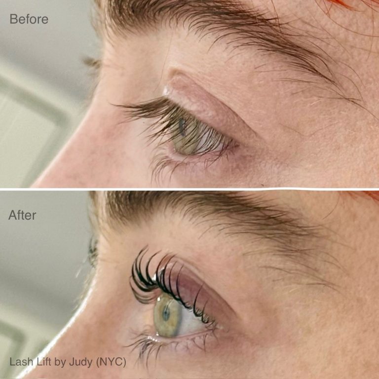Side-by-side comparison of an eye before and after a Lash Lift; top image shows natural lashes, bottom image displays beautifully lifted, curled lashes. Text reads "Lash Lift by Judy (NYC).